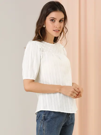 Allegra K - Cotton Round Neck Short Sleeve Ruffle Top