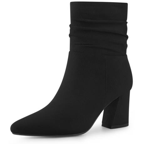 Allegra K - Pointed Toe Zipper Heeled Slouch Ankle Boots