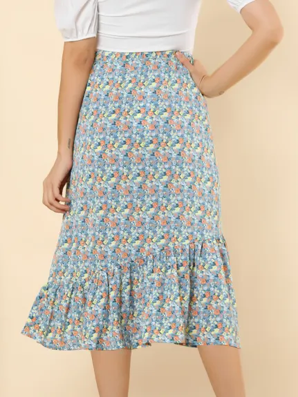Allegra K- Elastic Waist Ruffle Floral Midi Skirt