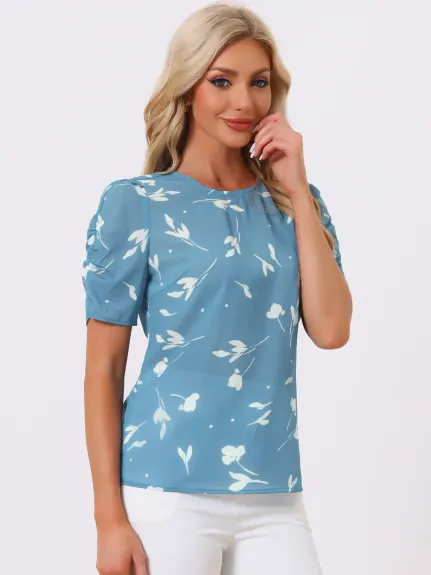 Allegra K- Floral Crew Neck Shirred Short Sleeve Blouse