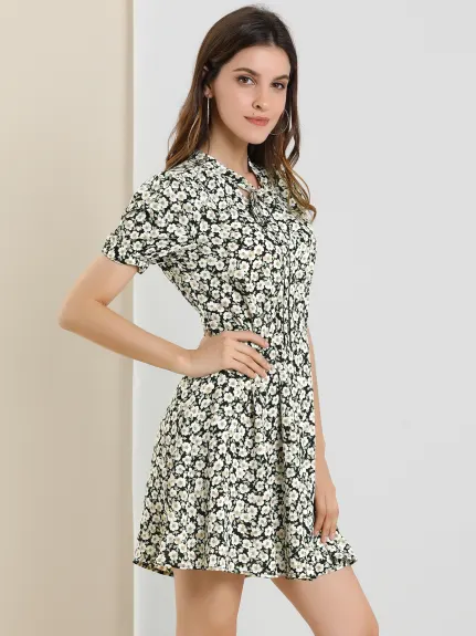 Allegra K- Short Sleeve Above Knee Floral Flare Dress