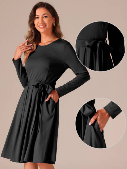 Allegra K - Long Sleeve Tie Waist Pleated Business Dress