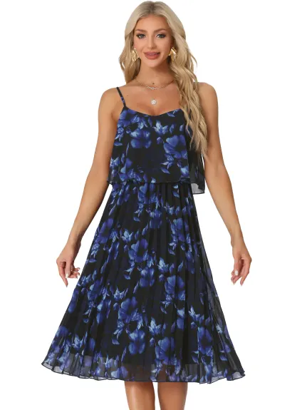 Allegra K- Floral Pleated Ruffle Strap Dress