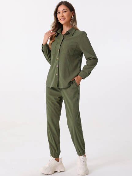 Allegra K - Corduroy Long Sleeve Shirt and Pants 2 Piece Outfits