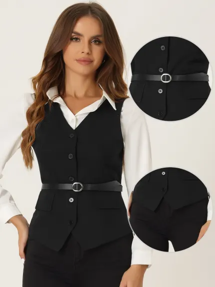 Allegra K- Button Up Belt V Neck Waistcoat