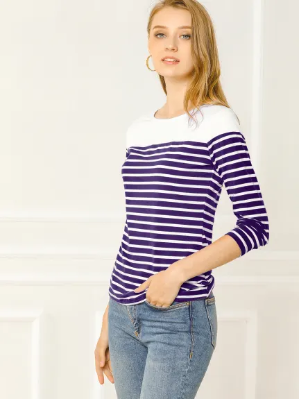 Allegra K- Color Block Long Sleeve Stripe T-Shirt