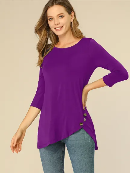 Allegra K- 3/4 Sleeve Tunic Asymmetry Button Top