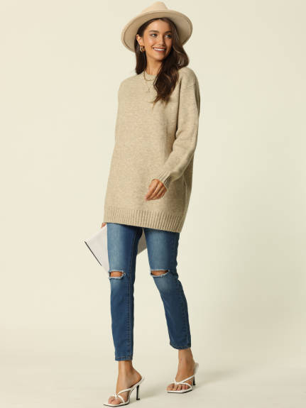 Allegra K- Round Neck Pullover Sweater with Pockets