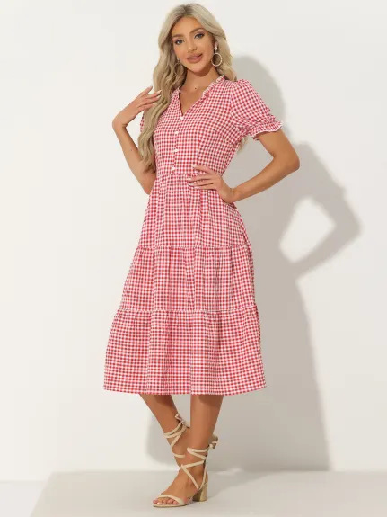 Allegra K- Gingham voffle Trim V robe bouton col