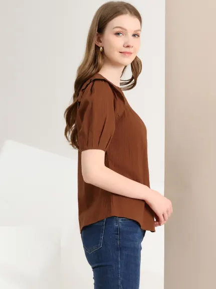 Allegra K - Cotton Round Neck Short Sleeve Ruffle Top