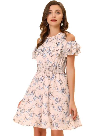 Allegra K- Cold Shoulder Smocked Waist Chiffon Floral Mini Dress