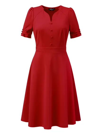 Allegra K- Elegant Puff Sleeve V Neck A-Line Dress
