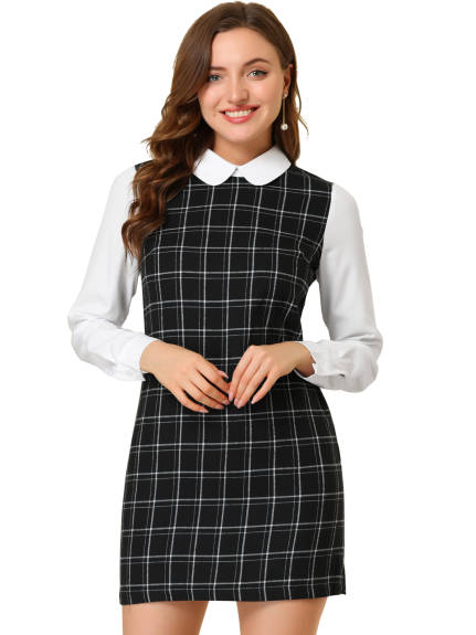 Allegra K- Peter Pan Collar Long Sleeve Check Shift Dress