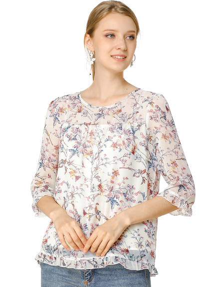 Allegra K- Floral Ruffled 3/4 Sleeve Blouse