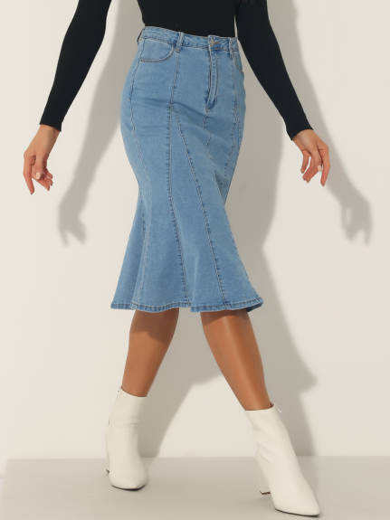 Allegra K- Fishtail Hem Bodycon Midi Denim Skirt