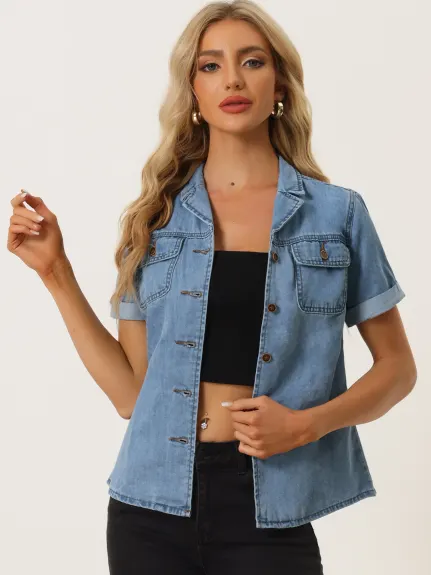 Allegra K- Button Down Notched Collar Jean Shirt