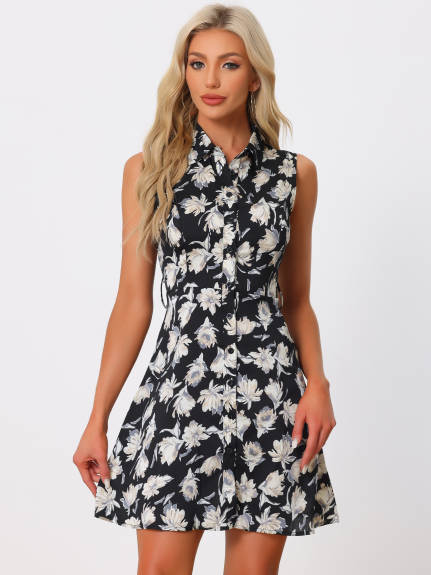 Allegra K - Sleeveless Turndown Collar Summer Floral Dress