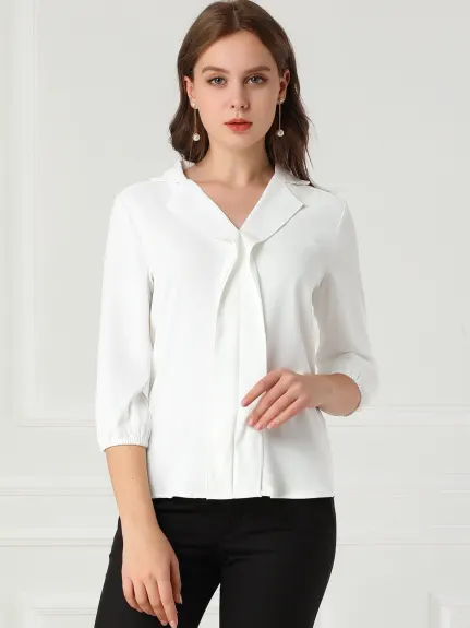 Allegra K- V Neck Collared 3/4 Sleeve Blouse