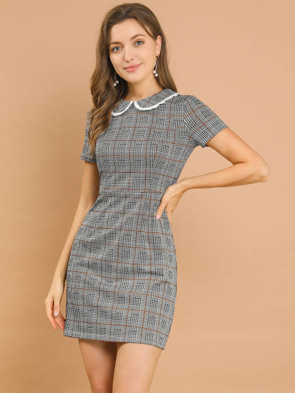 Allegra K- Short Sleeve Slim Houndstooth Mini Dress