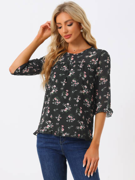 Allegra K- Floral Ruffled 3/4 Sleeve Chiffon Blouses