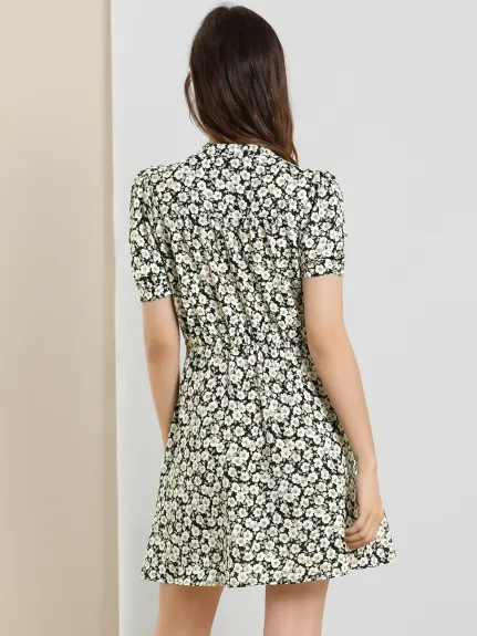 Allegra K- Short Sleeve Above Knee Floral Flare Dress