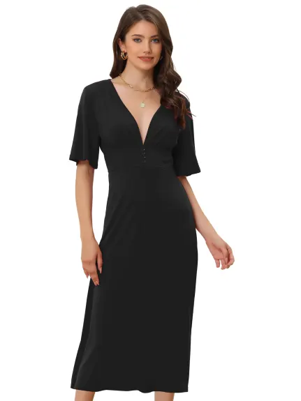 Allegra K- Short Sleeve A Line Swing Fit and Flared Cocktail Midi Dress