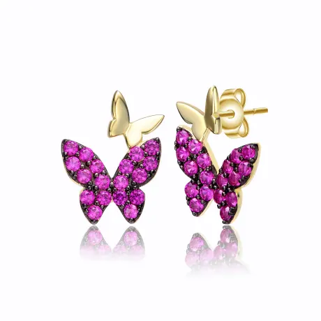 Genevive Sterling Silver 14k Yellow Gold Plated with Ruby Cubic Zirconia Double Butterfly Drop Earrings