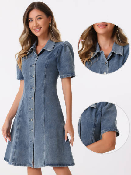 Allegra K - Puff Sleeve Button Down Collared Denim Dress