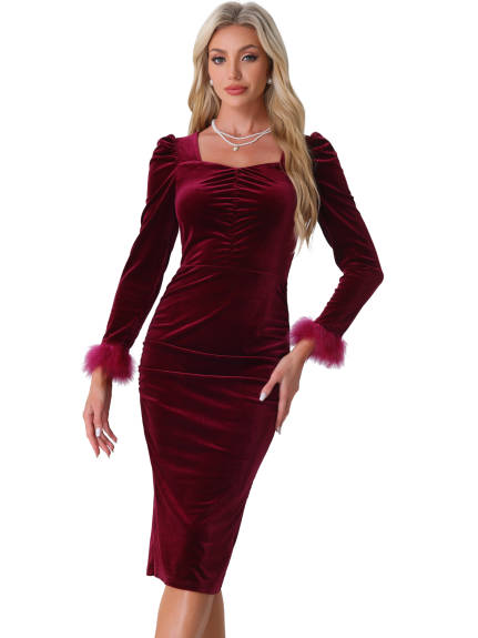 Allegra K - Velvet Square Neck Puff Sleeve Bodycon Dress