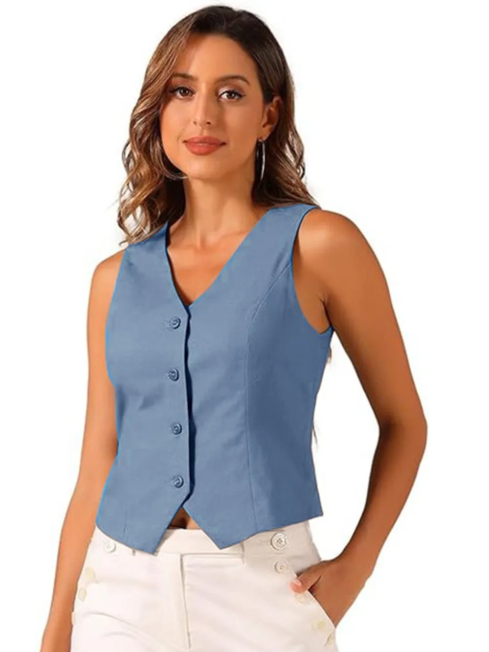 Allegra K- boutonné col V Crop Summer Vest