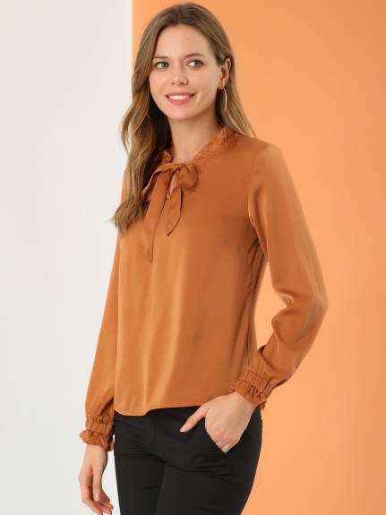 Allegra K- Satin Ruffle Tie Neck Long Sleeve Blouse