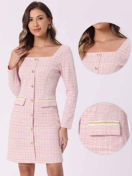 INSPIRE CHIC - Tweed Plaid Long Sleeve Sheath Dress