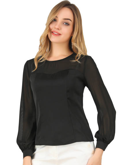 Allegra K- Satin Mesh Panel Sheer Lantern Sleeve Top