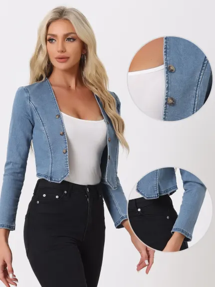 Allegra K- Veste courte sans col ouverte sur le devant en denim