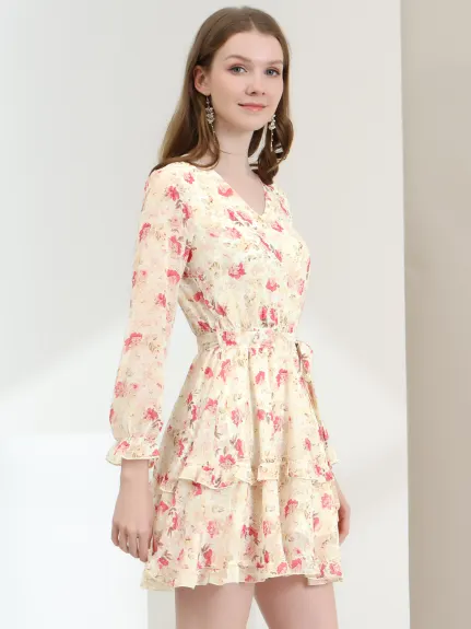 Allegra K- Long Sleeve Belted Ruffle Chiffon Floral Dress