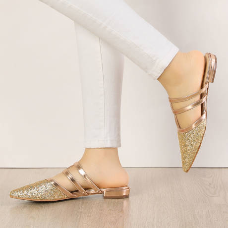 Allegra K- Glitter Pointed Toe Flats Gold Mules