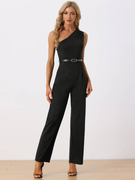 Allegra K - Elegant One-Shoulder Belted Jumpsuit