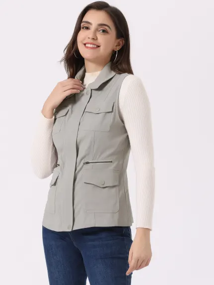 Allegra K- Zip Up Jacket with Pockets Cargo Utility Vest