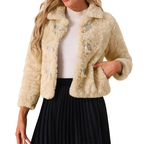 Allegra K - Faux Fur Collar Cropped Fluffy Coat