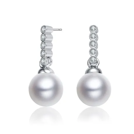 Genevive Sterling Silver White Gold Plating with White Round Genuine Pearl with Clear Round Cubic Zirconia Drop Earrings