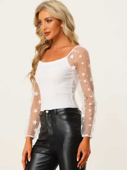 Allegra K - Sheer Star Sleeve Smocked Crop Top