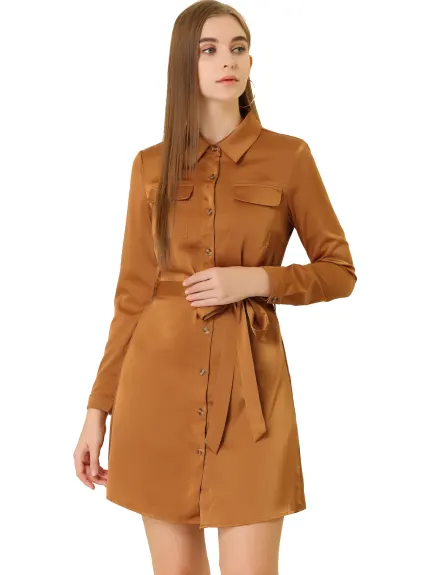 Allegra K- Button Down Satin Shirt Dress