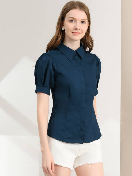 Allegra K- Puff Sleeve Collared Cotton Shirt