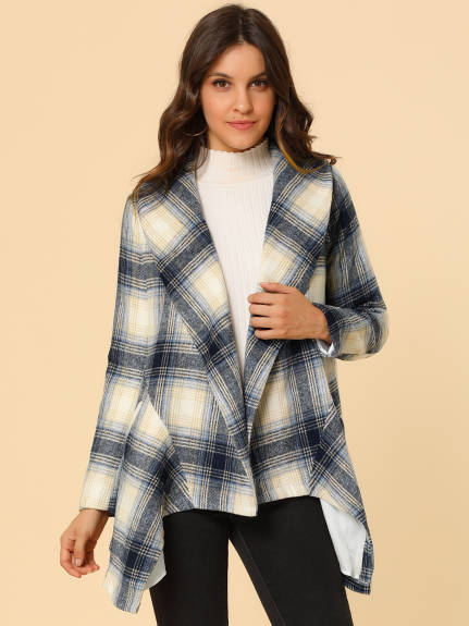 Allegra K- Turn Down Collar Asymmetric Hem Plaids Coat