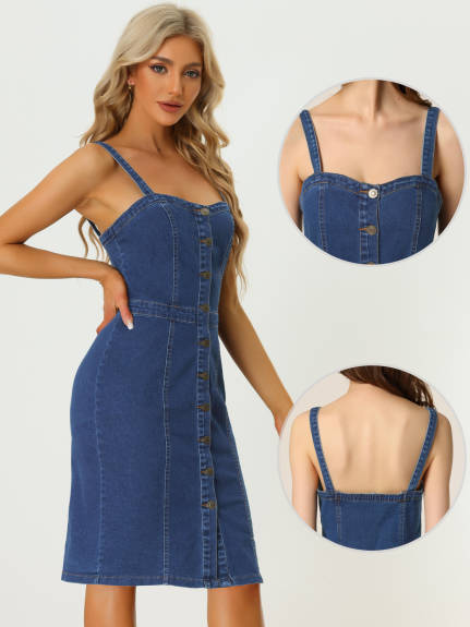 Allegra K- Button Down Sleeveless Sweetheart Neck Denim Dress