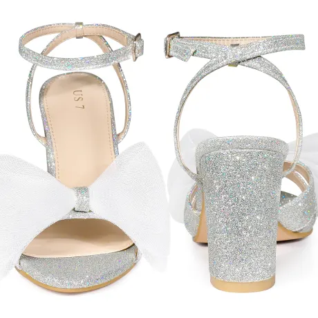 Allegra K- Chunky Heel Bow Glitter Sandals