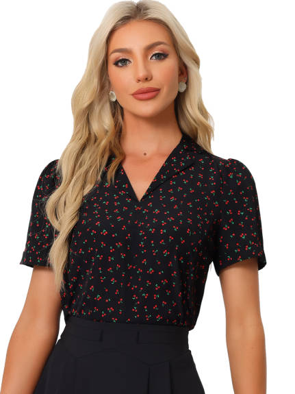 Allegra K- V Neck Notch Lapel Blouse