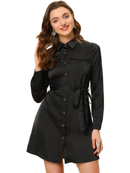 Allegra K- Button Down Satin Shirt Dress