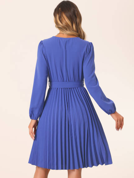 Allegra K - V Neck Puff Long Sleeve Pleated Dress