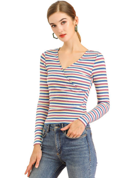 Allegra K- Stripe Rainbow Color Slim Long Sleeve Knit T-Shirt